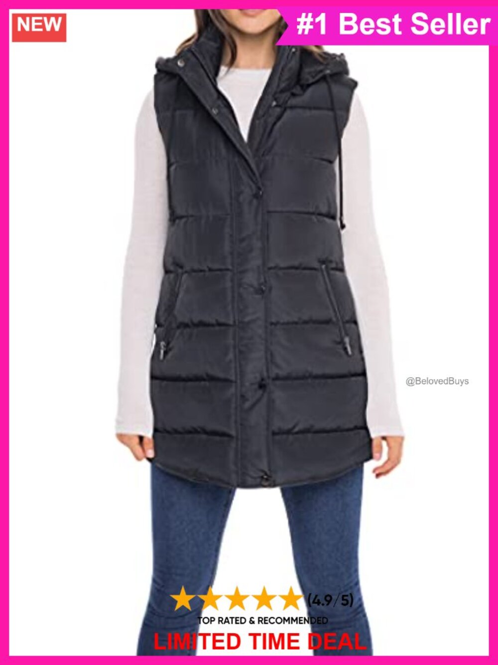 Long Quilted Puffer Vest Faux Down Hooded Zip Pockets Fall Winter